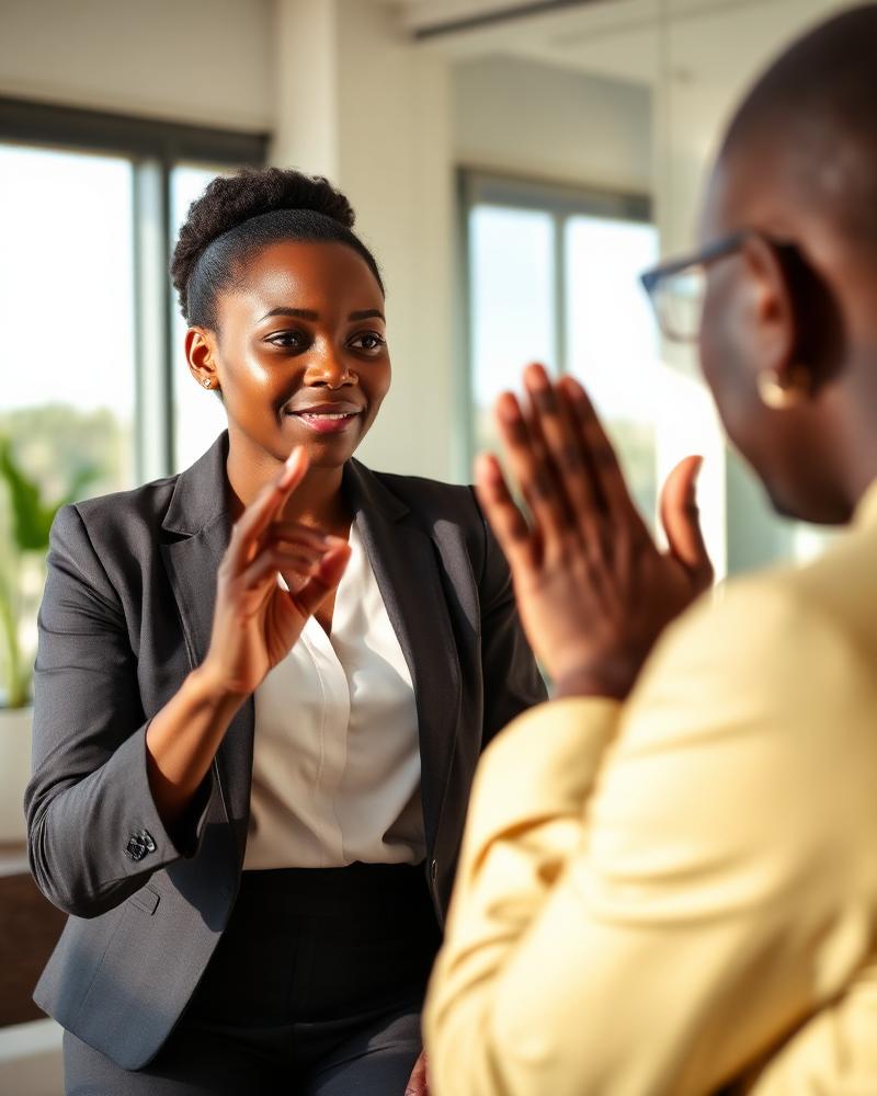 Kenyan Sign Language interpreter signing to a client in a Mombasa office